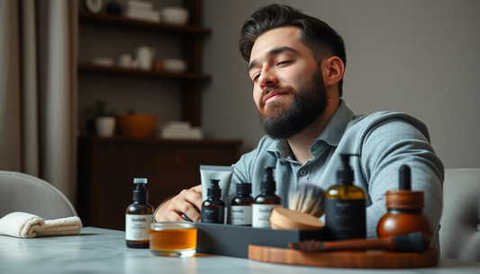 Hombre disfrutando de productos de cuidado de barba exclusivos en una mesa organizada