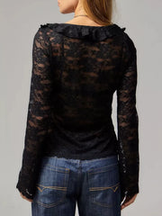 Blusa Manga Larga Negra con Detalle Lencero