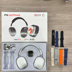 Auriculares P9 Ultra2 con accesorios modernos para estilo de vida activo, en caja con correas variadas.