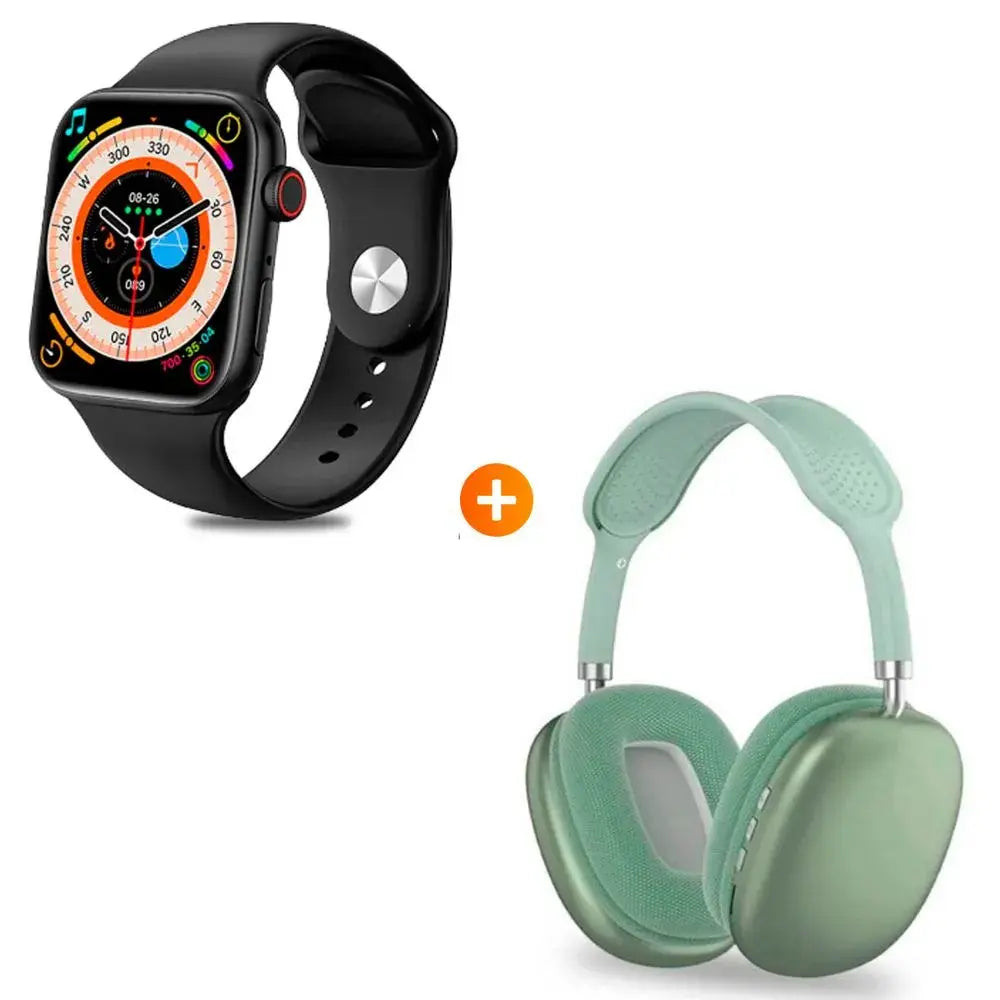 Reloj inteligente  con auriculares verdes, accesorios modernos para estilo de vida activo