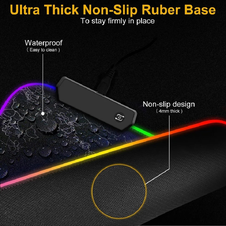 Alfombrilla gamer RGB con base de goma antideslizante y diseño impermeable para un agarre seguro
