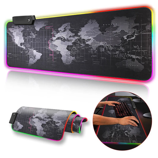 Alfombrilla gamer RGB con diseño de mapa mundial y luces LED multicolores para gamers