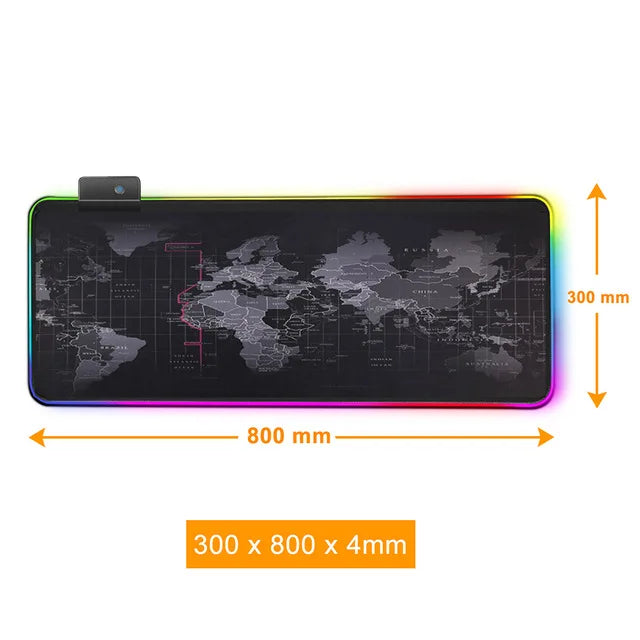 Alfombrilla gamer RGB con diseño de mapa del mundo, dimensiones 300 x 800 x 4 mm