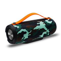 Altavoz con subwoofer potente en diseño camuflaje, ideal para fiestas al aire libre y actividades deportivas