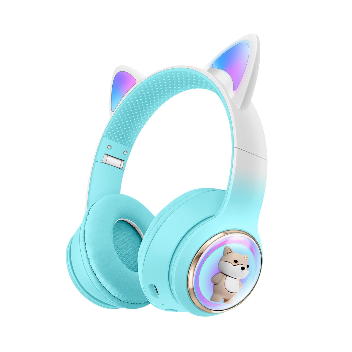 Auriculares Bluetooth mascota de color azul con orejas de gato y diseño encantador para niños