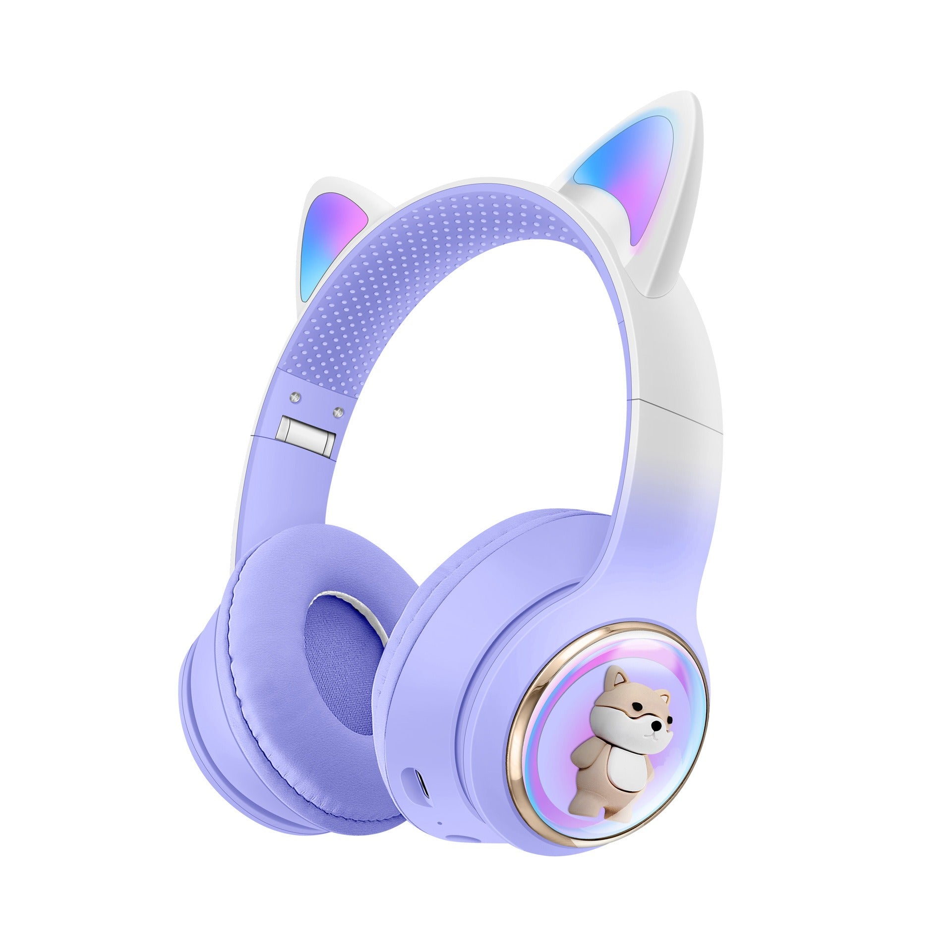 Auriculares Bluetooth mascota en color lila con orejas y diseño de oso adorables