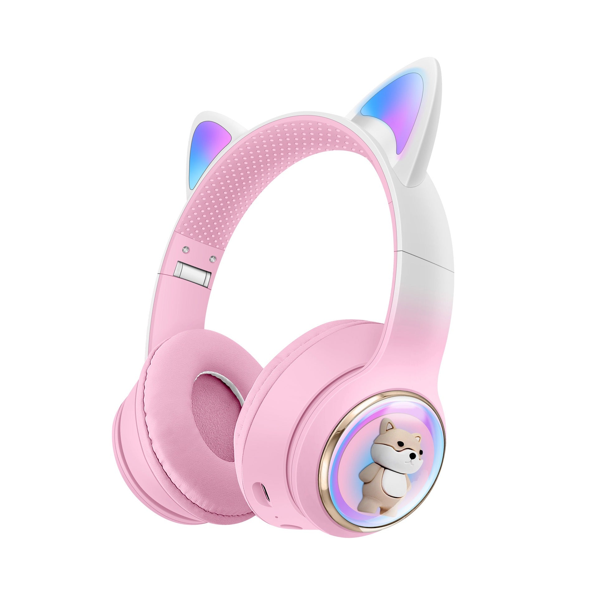 Auriculares Bluetooth mascota en rosa con diseño de orejas de gato y luces LED coloridas