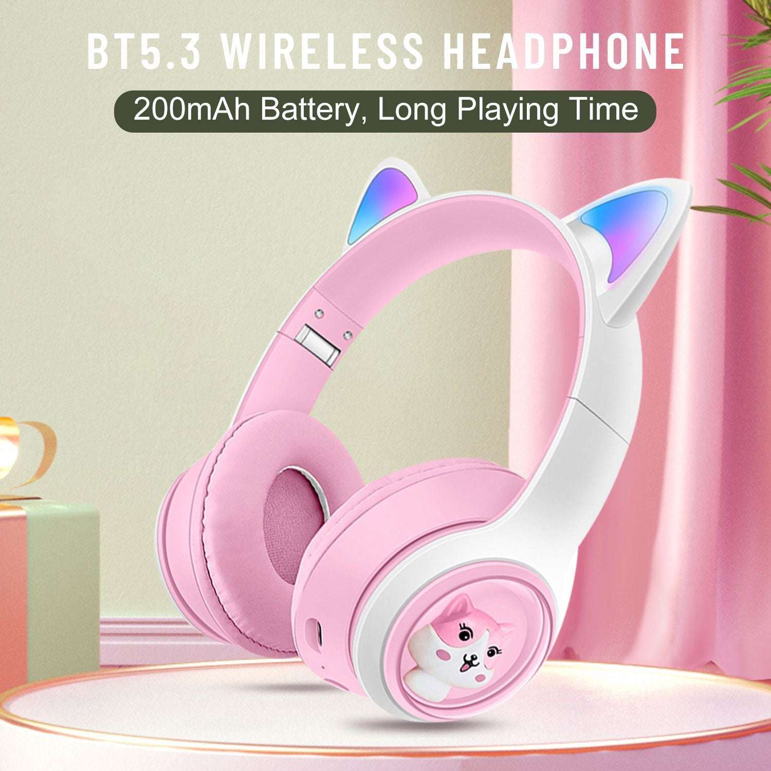 Auriculares bluetooth orejas de gato en rosa con batería de 200mAh y diseño divertido
