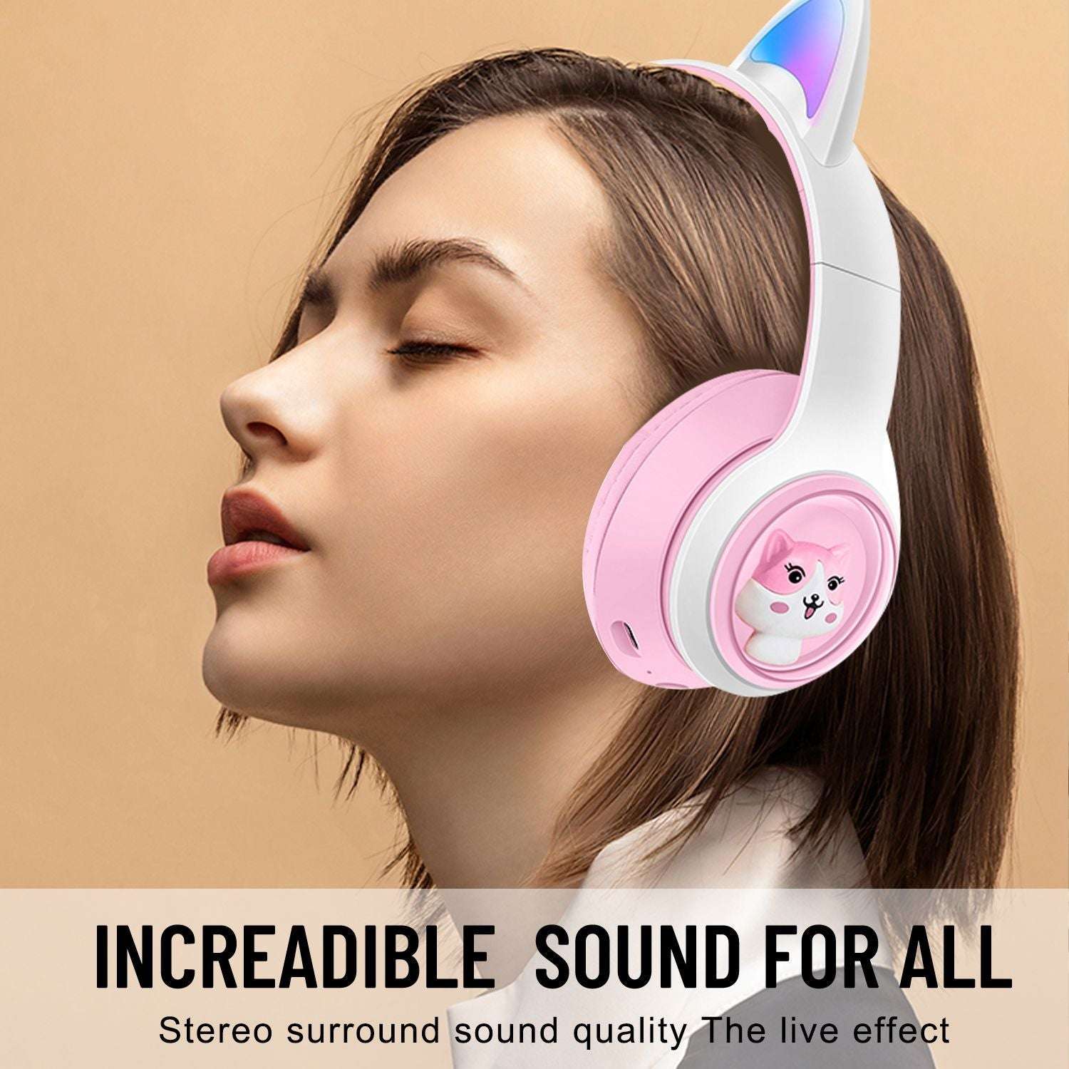 Auriculares bluetooth orejas de gato en rosa con sonido estéreo envolvente y efecto en vivo