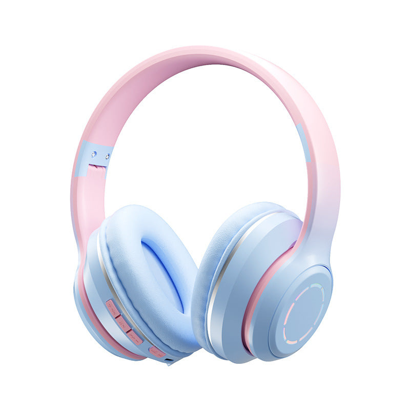 Auriculares Bluetooth plegables en colores azul y rosa con almohadillas suaves y diseño moderno