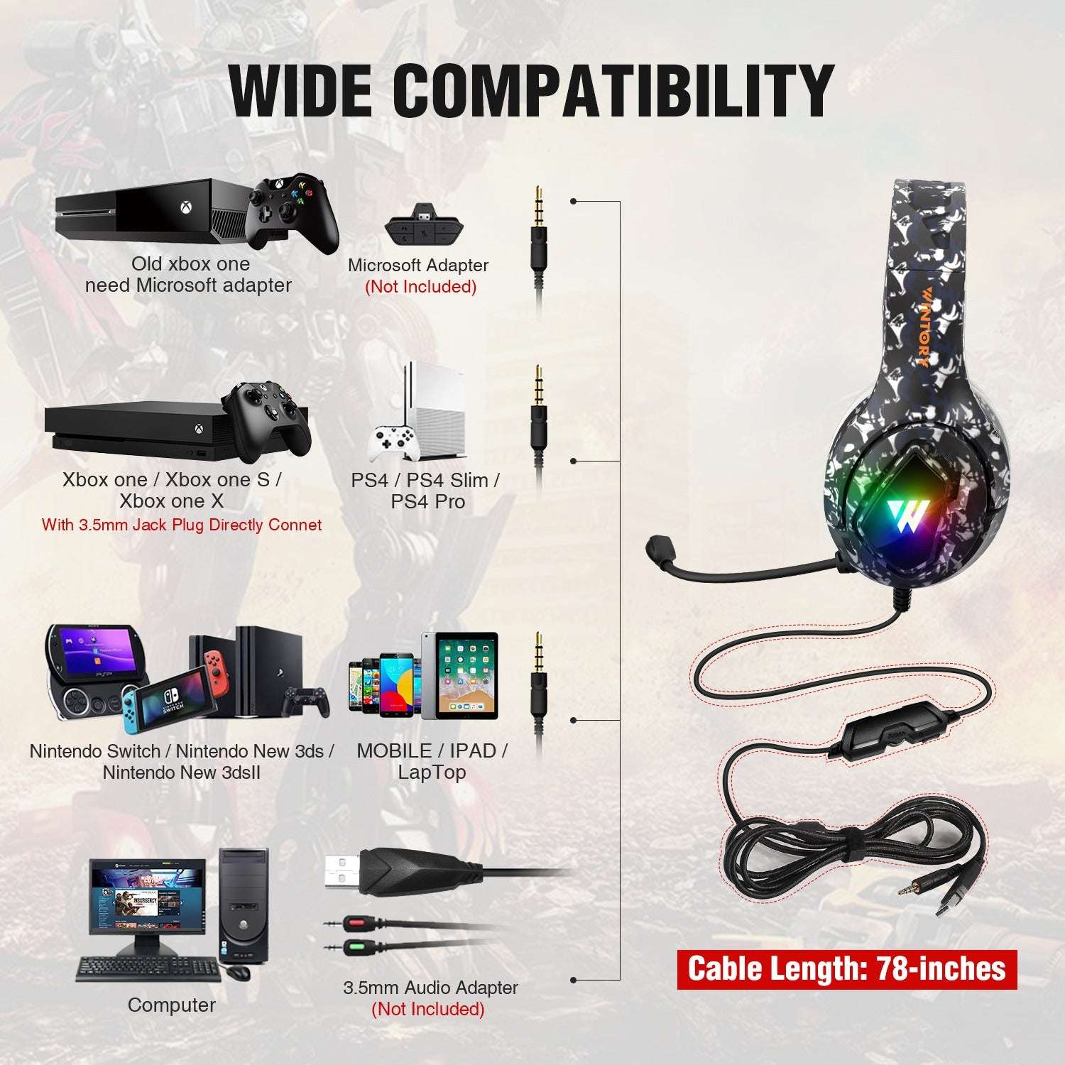 Auriculares gaming camuflaje con micrófono y cable de 78 pulgadas, compatibles con múltiples dispositivos
