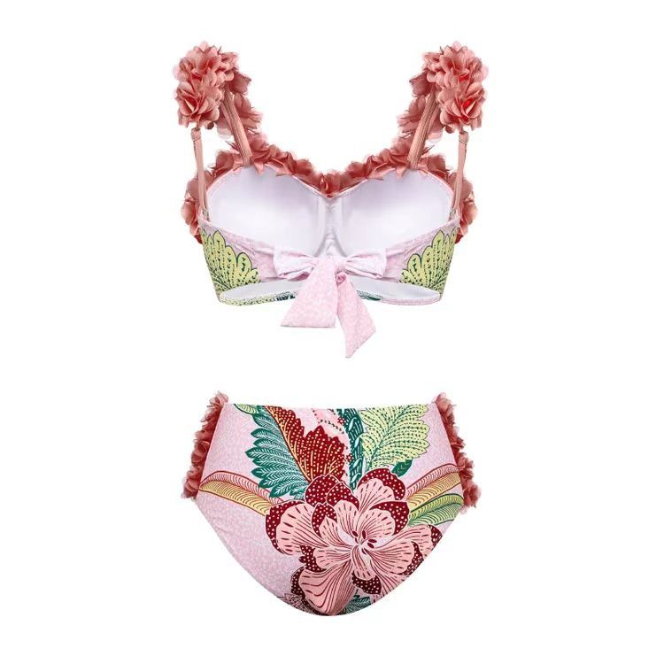 Bikini de vacaciones elegantes de eprolo con detalles florales en rosa y estampado vibrante