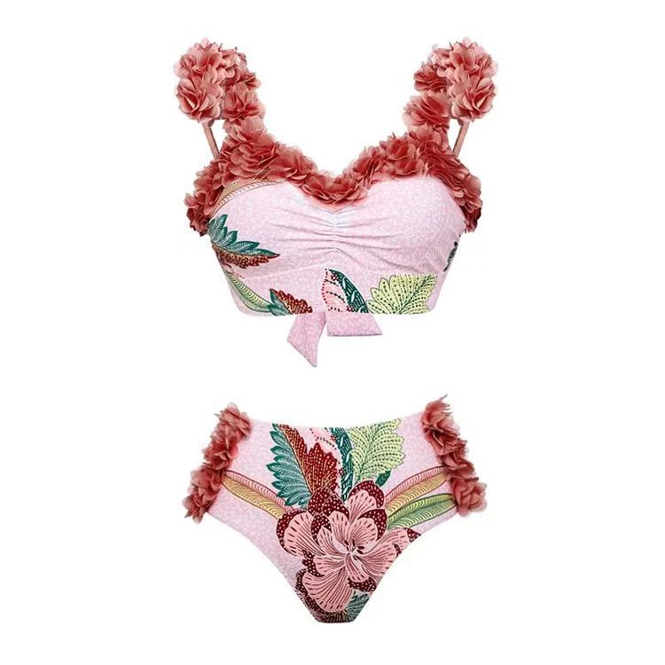 Bikini de vacaciones elegantes con flores rosas y diseño colorido para un estilo veraniego chic