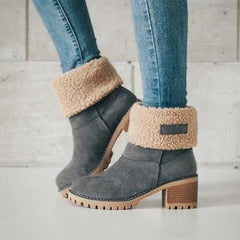 Botas de invierno para mujer en gris con forro de piel sintética y tacón de madera