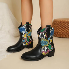 Botas de moda color block mujer con diseño de piel de serpiente y tacón bajo para estilo moderno