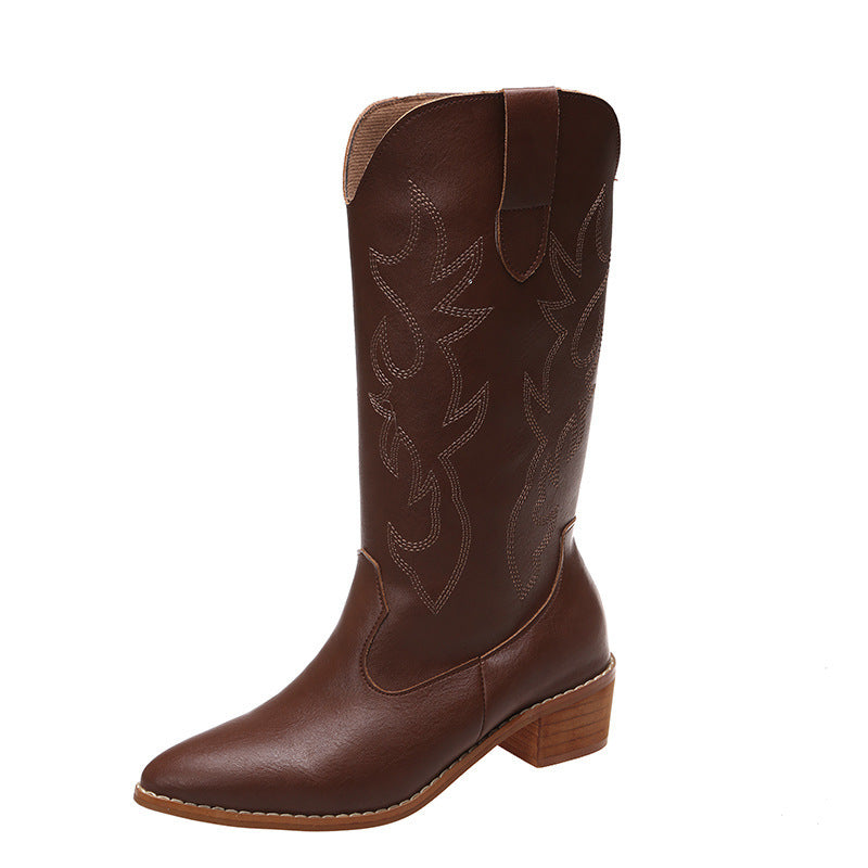 Botas retro mujer de cuero marrón con diseño de costura elegante y tacón bajo