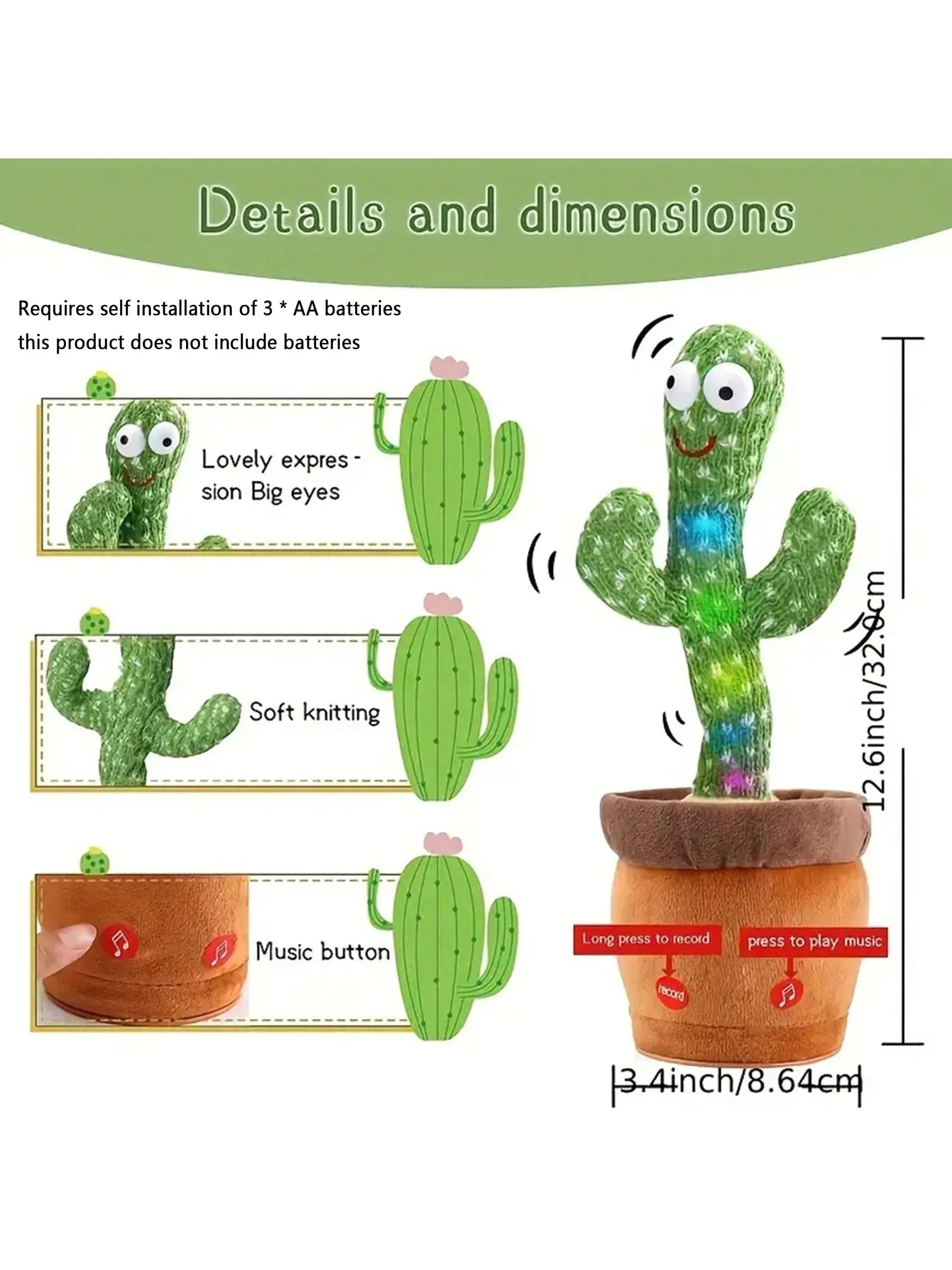 Cactus parlante con canciones en maceta, suave y colorido, ideal para decorar y entretener