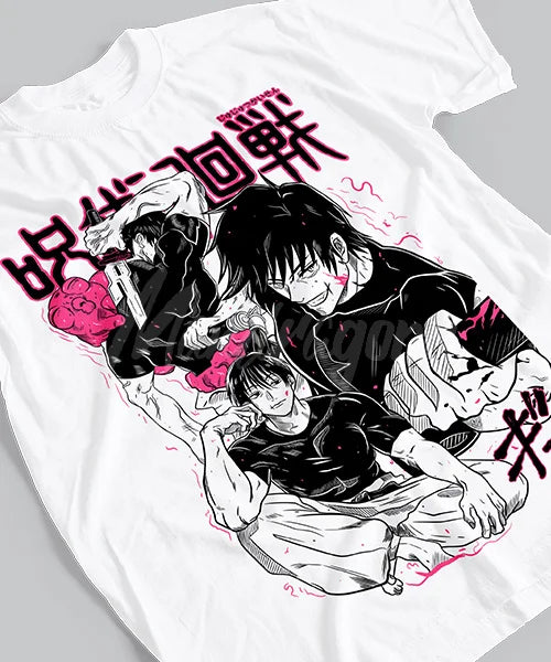 Camiseta Jujutsu Kaisen Toji Fushiguro en blanco con estampado de personajes de la serie