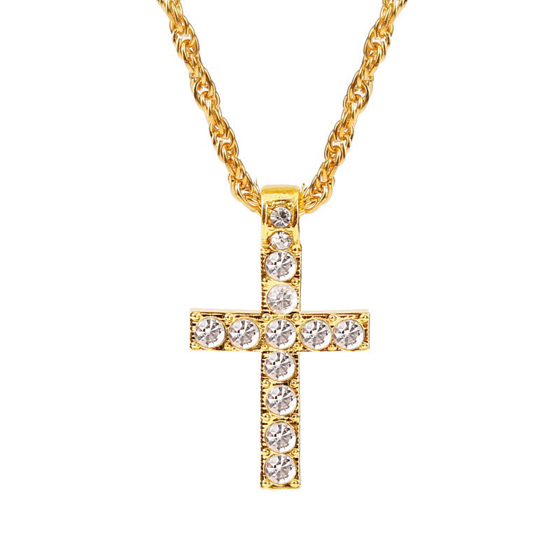Collar cruz punk dorado con detalles en piedras brillantes, ideal para un estilo atrevido y moderno