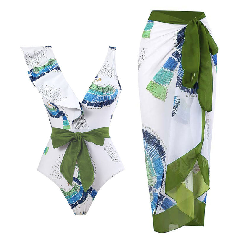 Conjunto de falda y jumpsuit veraniego colorido con diseño de hojas y lazo verde