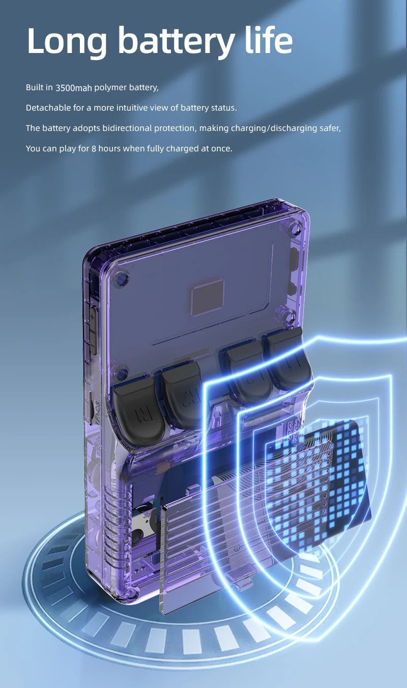 Consola retro portátil con batería de 3500mAh y diseño transparente que muestra su tecnología interna