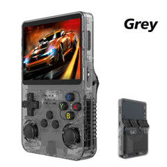 Consola retro portátil en color gris con pantalla y controles para jugar juegos clásicos