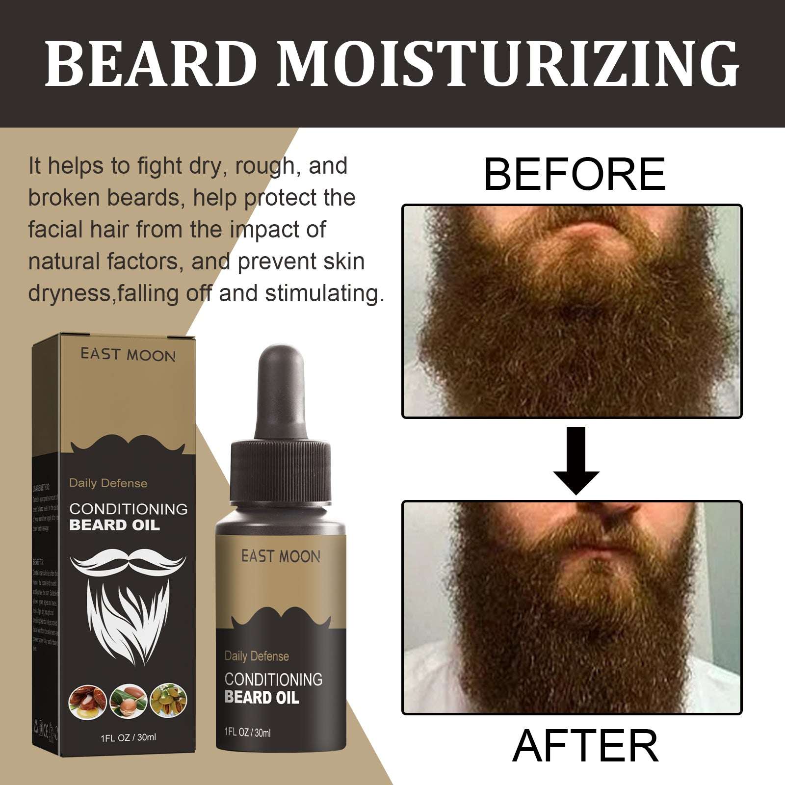 Aceite para barba hidratante East Moon en frasco cuentagotas con cabello antes y después del uso