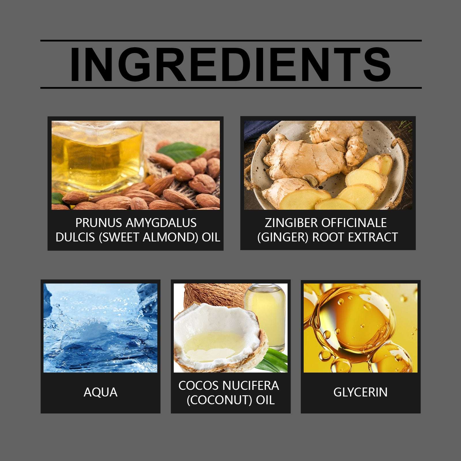 Ingredientes para el crecimiento de barba segura: aceite de almendra, extracto de jengibre, agua, aceite de coco y glicerina.