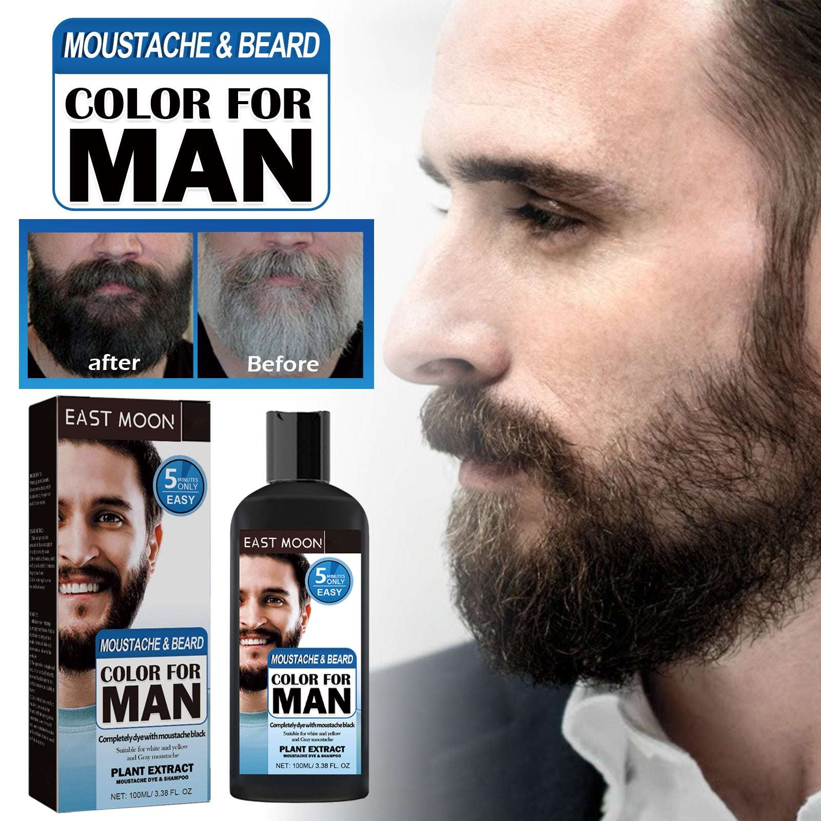 Tratamiento para barba de hombres East Moon en envase de 100ml para teñir barba y bigote fácil de usar