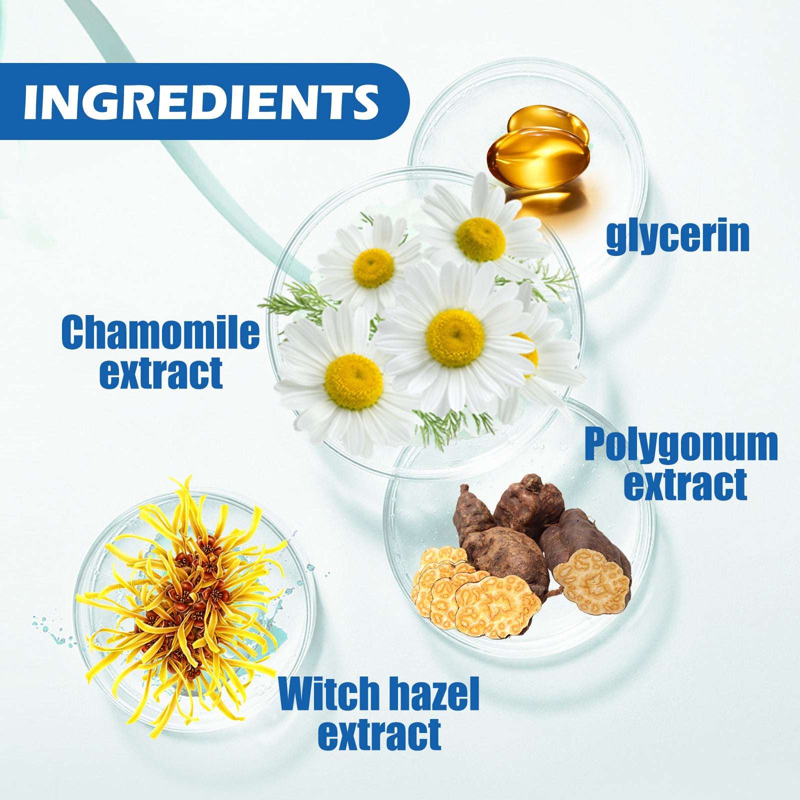 Ingredientes para tratamiento para barba de hombres: extracto de manzanilla, glicerina y extracto de hamamelis