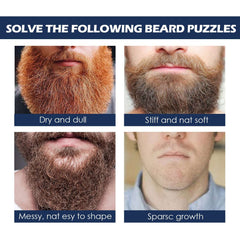 Póster de acertijos sobre barbas con diferentes estilos y texturas, promoviendo aceite para barba de hombres