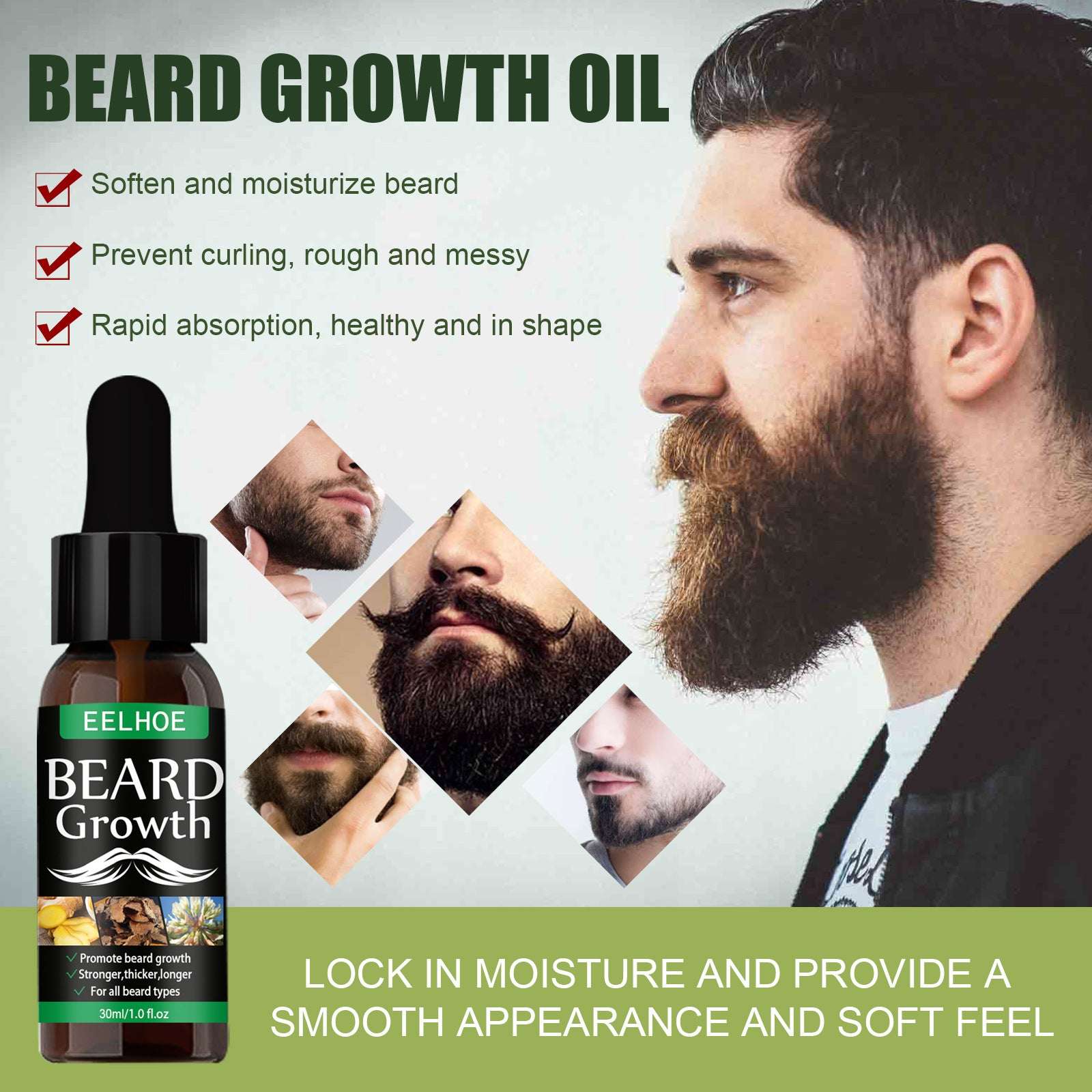 Aceite para el crecimiento de barba EELHOE que suaviza e hidrata la barba de los hombres