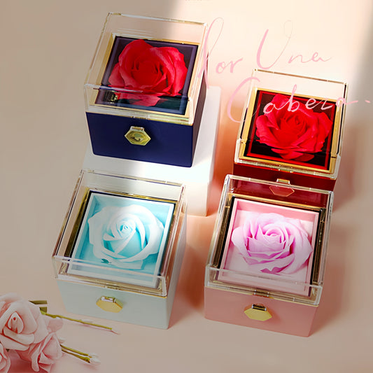 Joyero con rosa eterna en colores variados, ideal como regalo romántico y decorativo