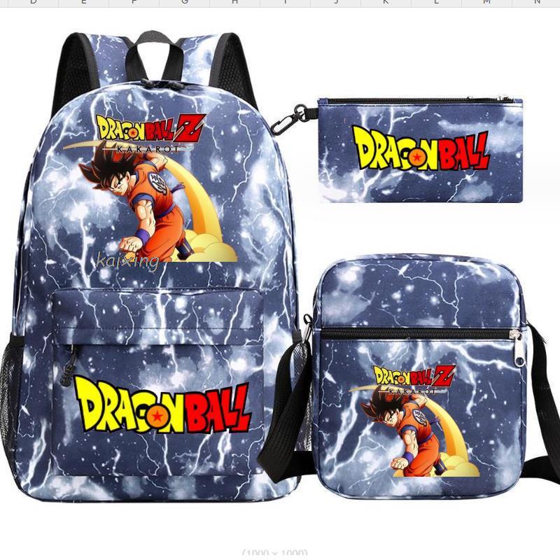 Mochila Dragon Ball juvenil con diseño de Goku y accesorios a juego en fondo azul