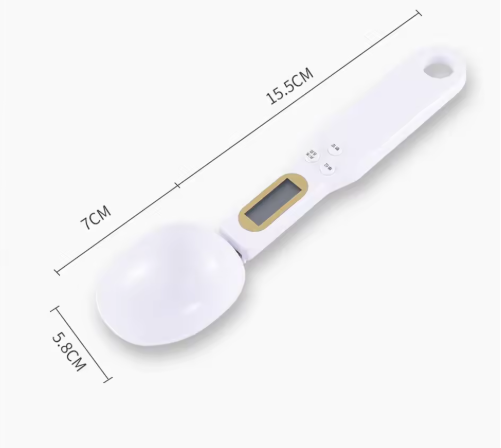 Cucharada digital blanca con pantalla LCD para medir ingredientes, ideal como medidor digital alimentos