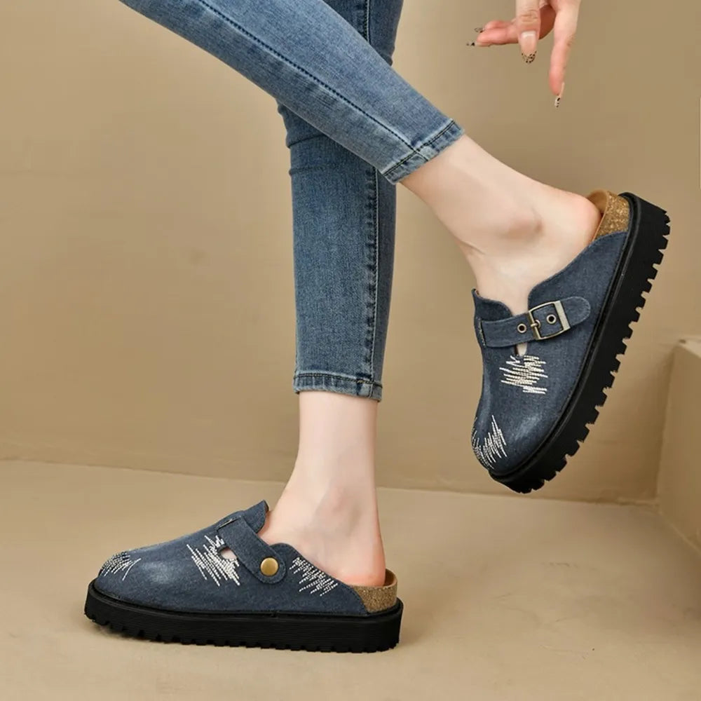 Mocasines con plataforma de eprolo en denim con diseño bordado y suela antideslizante