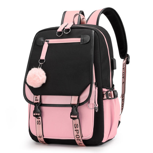 Mochila escolar gran capacidad de Eprolo en negro y rosa con pom pom decorativo y múltiples compartimentos