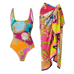 Bañador colorido con estampado exclusivo y pareo, moda de playa exclusiva para mujeres