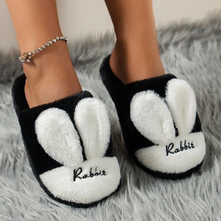 Pantuflas orejas de conejo negras y blancas, suave forro interior, perfectas para el hogar