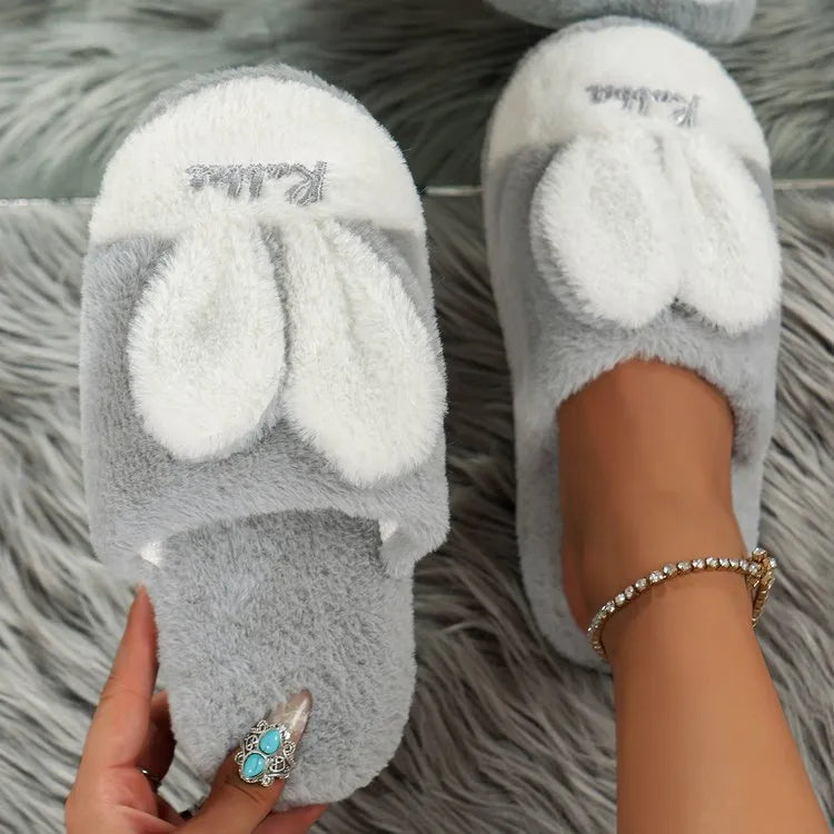 Pantuflas orejas de conejo suaves y cómodas en gris para uso en casa