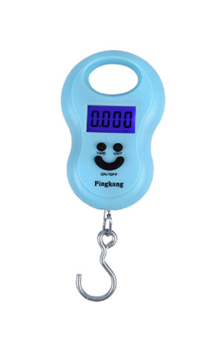 Balanza digital viaje portátil en color azul con pantalla LCD y gancho para pesar maletas