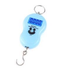 Balanza digital viaje portátil en color azul con pantalla LED y gancho para pesar maletas