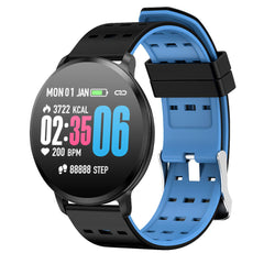 Pulsera inteligente pantalla grande en color negro y azul con seguimiento de actividad y monitor de ritmo cardíaco
