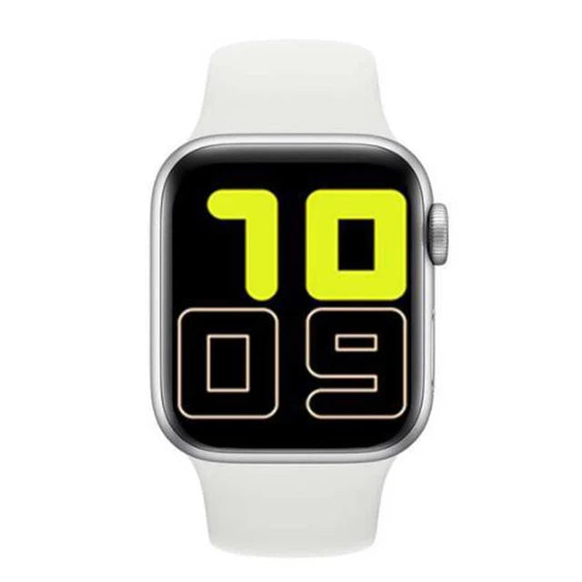 Reloj inteligente T500 con pantalla digital en negro y correas blancas modernas