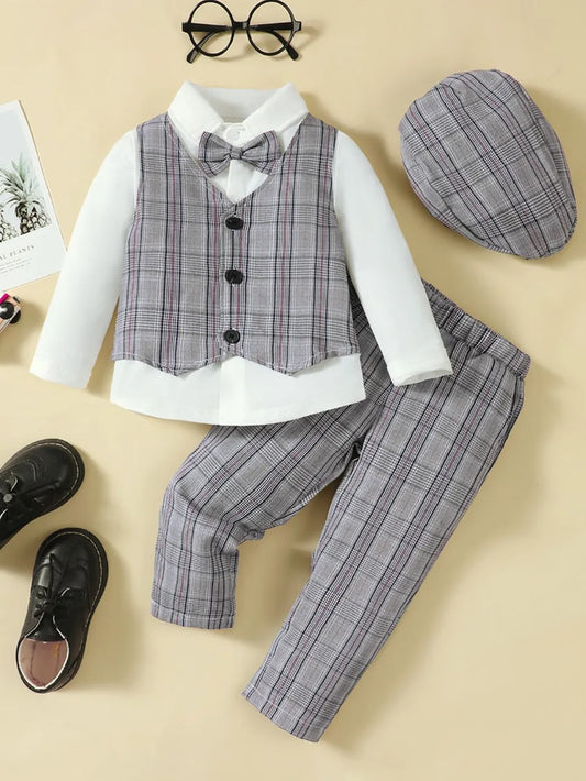 Conjunto de ropa formal infantil cuatro piezas con chaleco a cuadros, camisa blanca y pantalones a juego