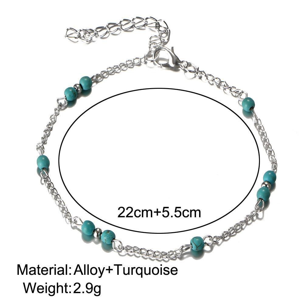 Tobilleras minimalistas retro con cuentas de turquesa y cadena de aleación de 22 cm más 5.5 cm de ajuste