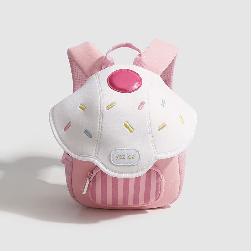 Mochila mini para kinder en forma de cupcake rosa con detalles de chispas de colores