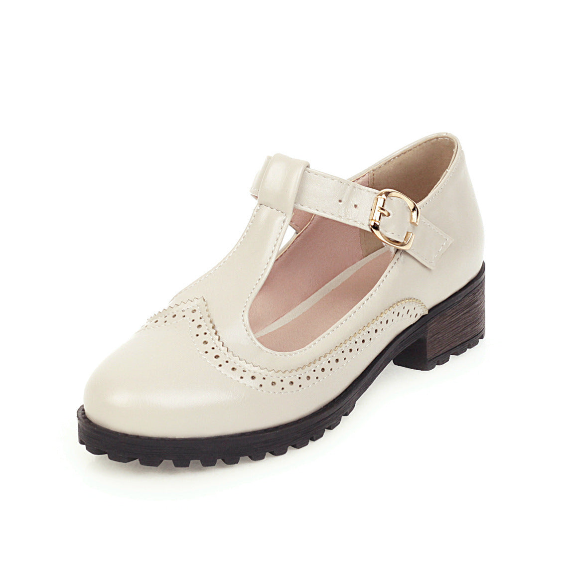 Zapatos retro mujer talla grande en color crema con tacón bajo y hebilla decorativa