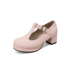 Zapatos T-strap moda en color rosa claro con tacón bajo y hebilla elegante